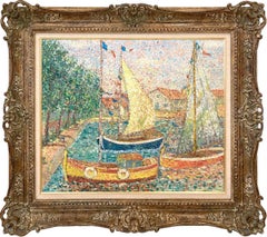 "Port de Plaisance" Paisaje marino puntillista con veleros Pintura al óleo sobre lienzo