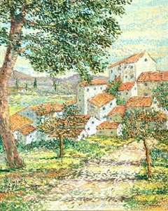 "Village Provençal " Pointillistisches farbenfrohes Landschaftsbild Ölgemälde auf Leinwand