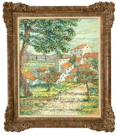 Vintage "Village Provençal " Pointillistic Colorful Landscape Oil Painting on Canvas
