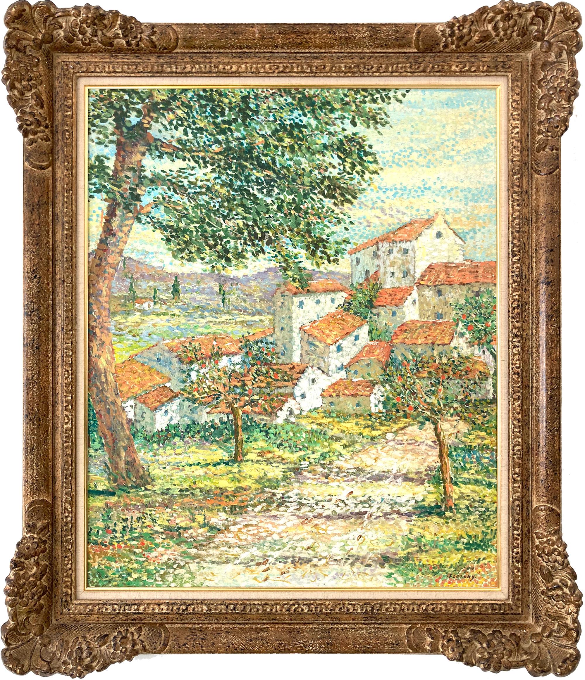 "Village Provençal " Pointillistic Colorful Landscape Oil Painting on Canvas