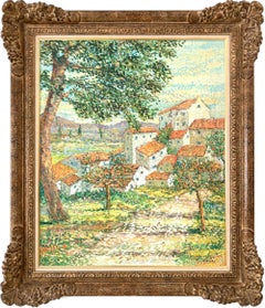 "Village Provençal " Paisaje puntillista colorido Pintura al óleo sobre lienzo