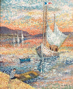 "Voilier" Pointillistic Colorful Sea Scape with Sailboat Oil Painting on Canvas