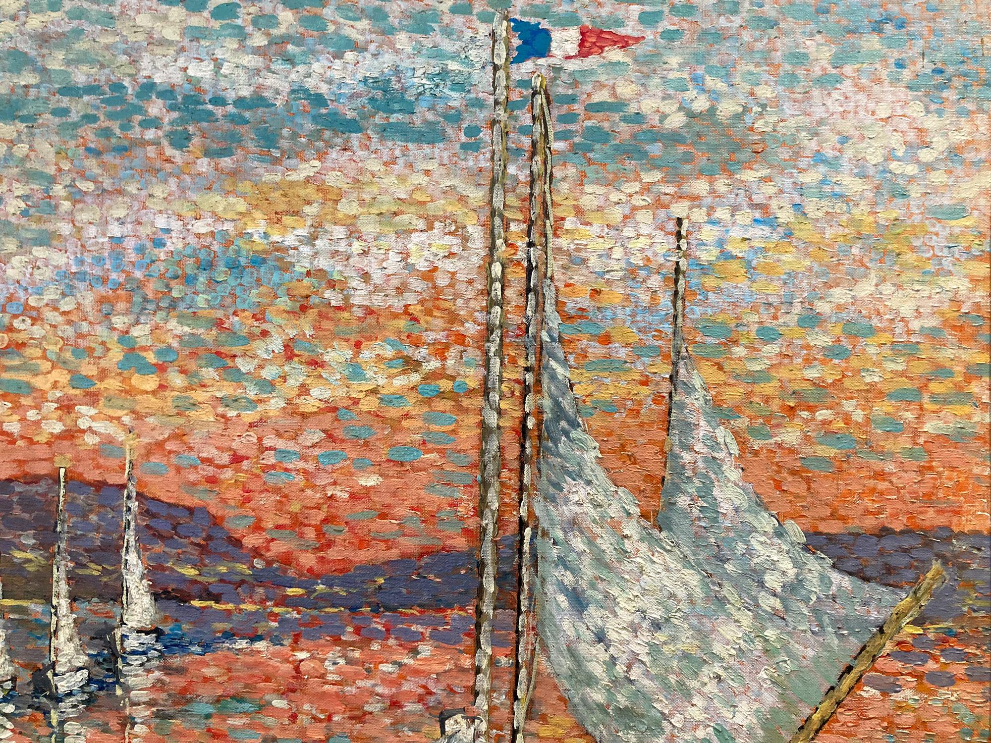 A large Mid-20th Century oil painting landscape depicting a figure near a boat with a beautiful sailboat in a Marina in France with other sailboats in the distance. This piece has a strong presence with bold brushwork and heavy use of paint and done
