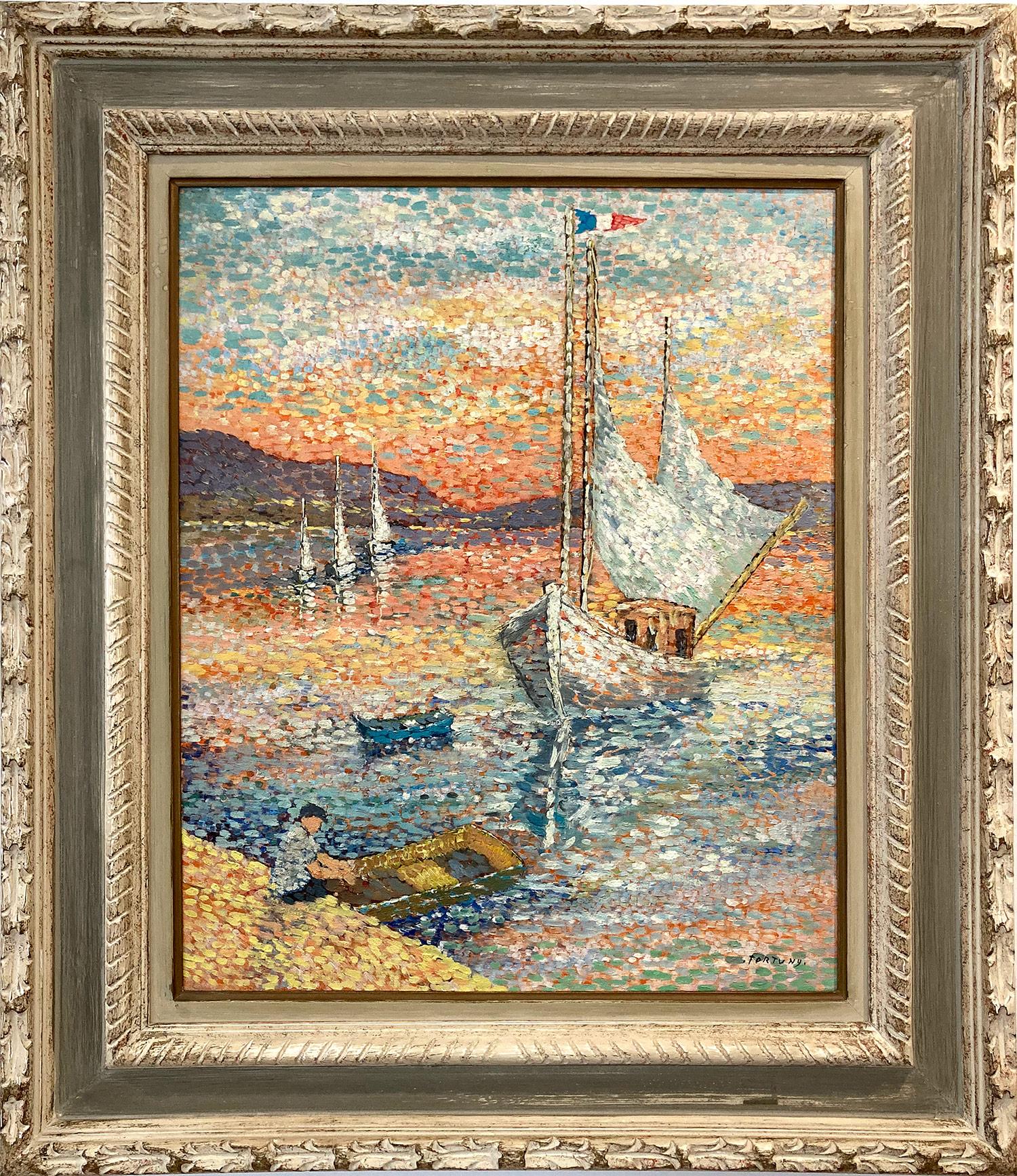 Lucia Fortuny Landscape Painting - "Voilier" Pointillistic Colorful Sea Scape with Sailboat Oil Painting on Canvas