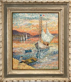 "Voilier" Pointillistic Colorful Sea Scape with Sailboat Oil Painting on Canvas
