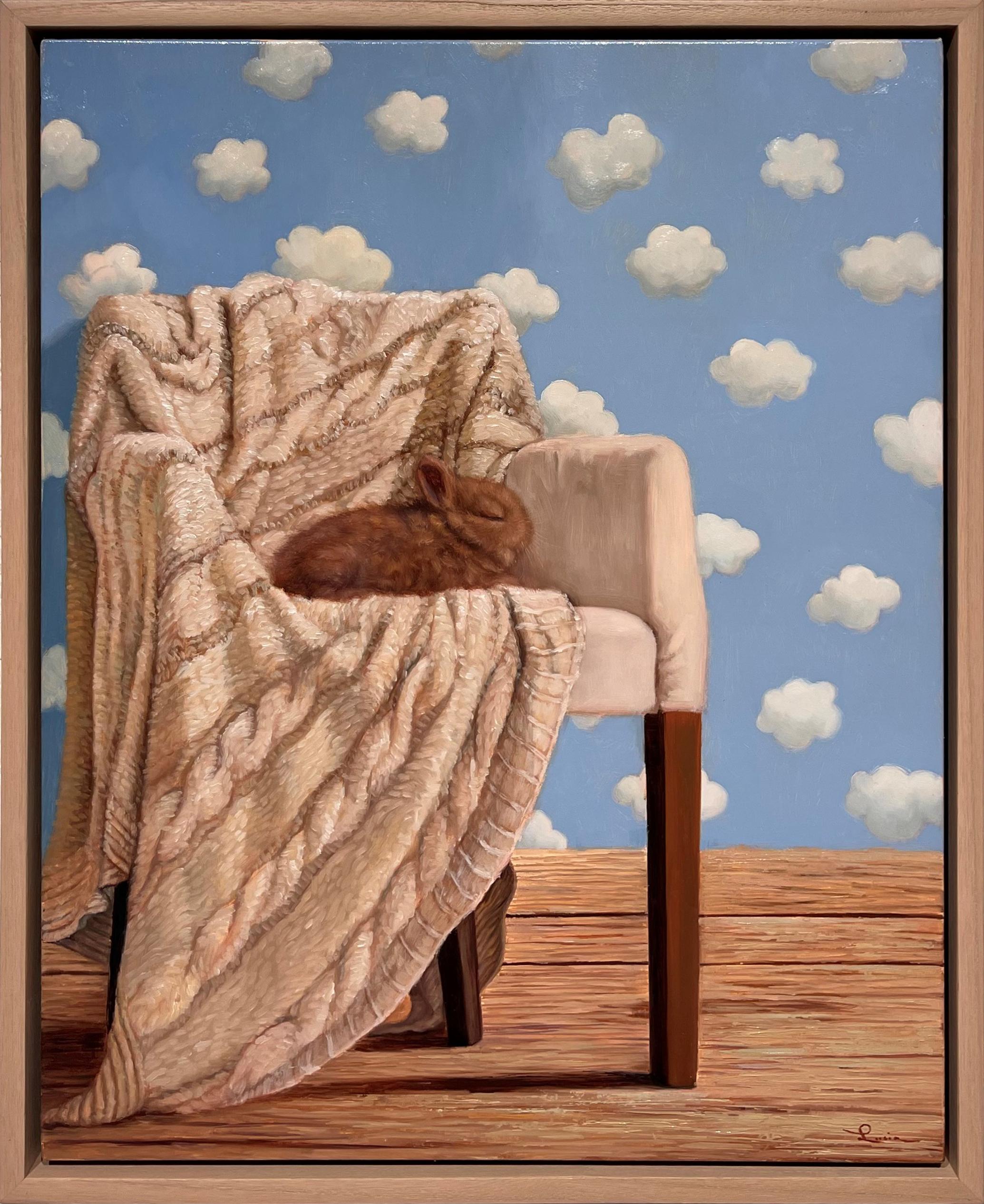 Lucia Heffernan Figurative Painting - "Dreamer" - Bunny Nap Oil Painting with Cloud Wallpaper Backdrop