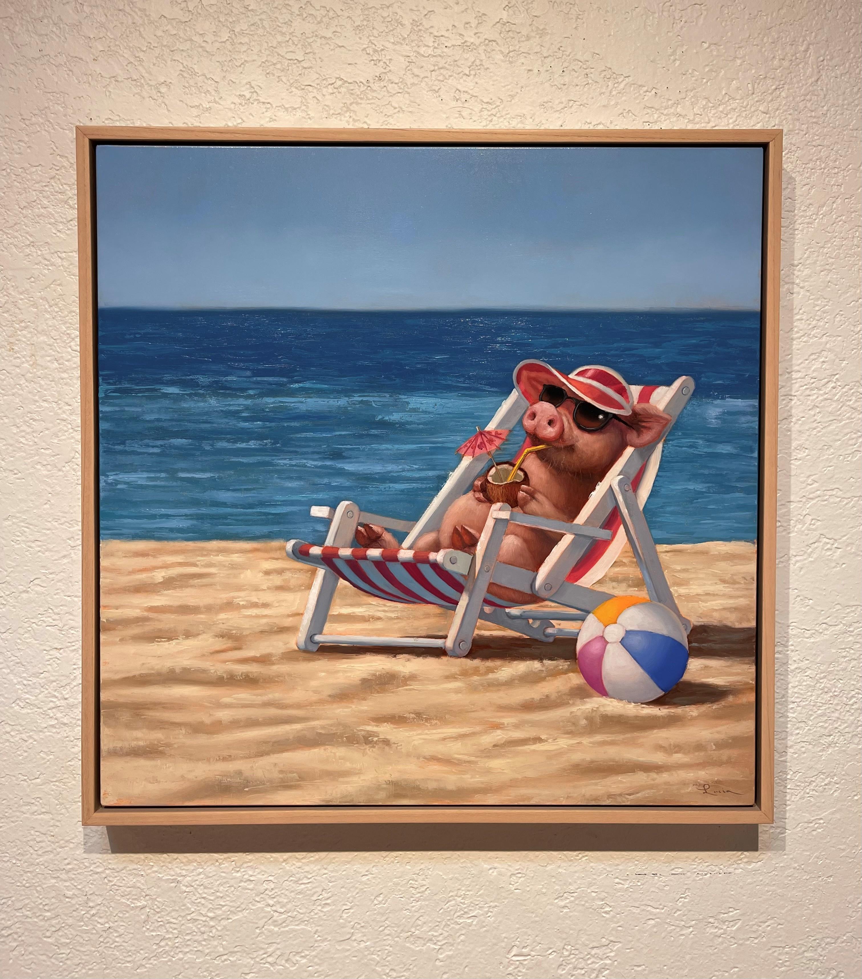 « Hello Sunshine », peinture à l'huile fantaisiste représentant une scène de plage - Contemporain Painting par Lucia Heffernan