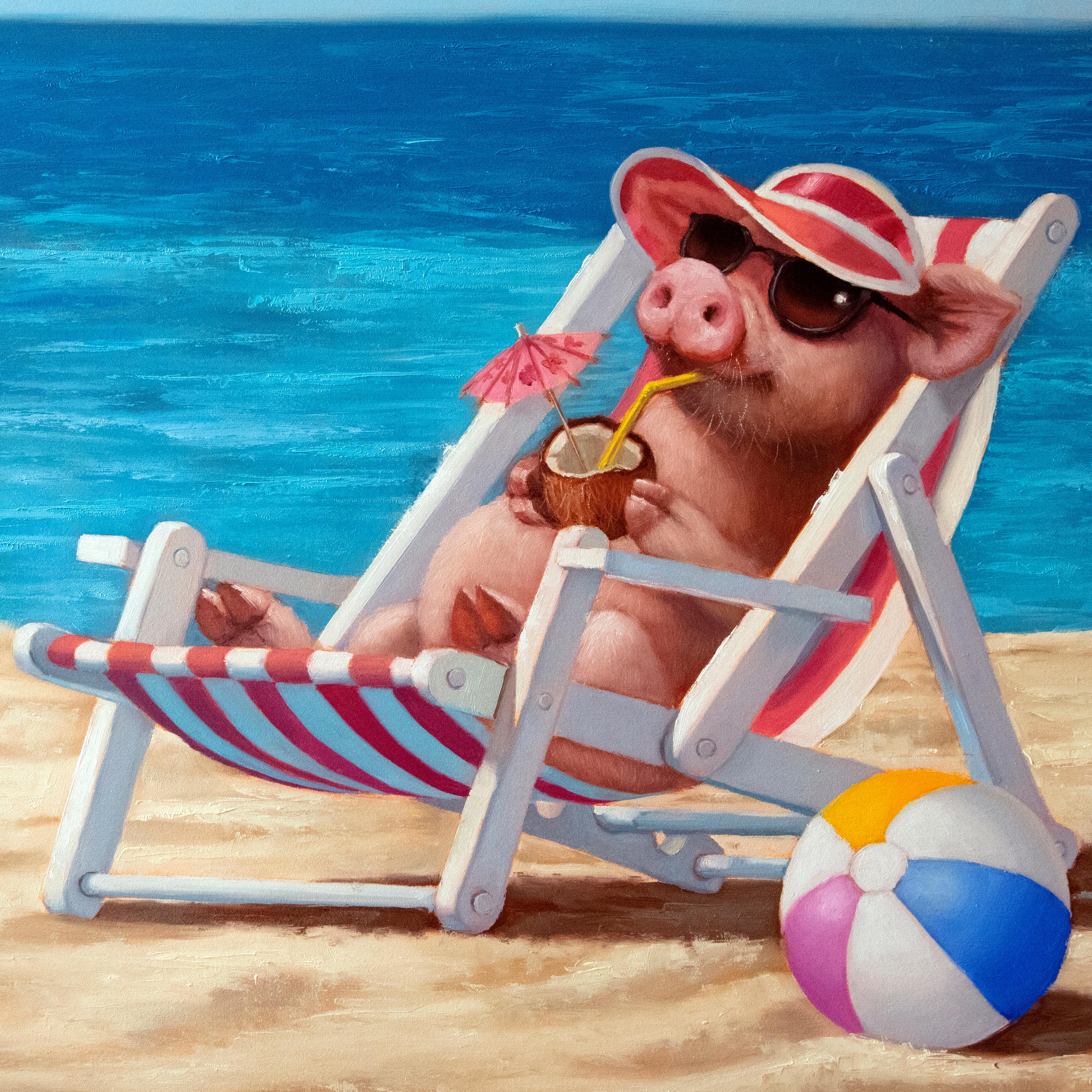 « Hello Sunshine », peinture à l'huile fantaisiste représentant une scène de plage 1