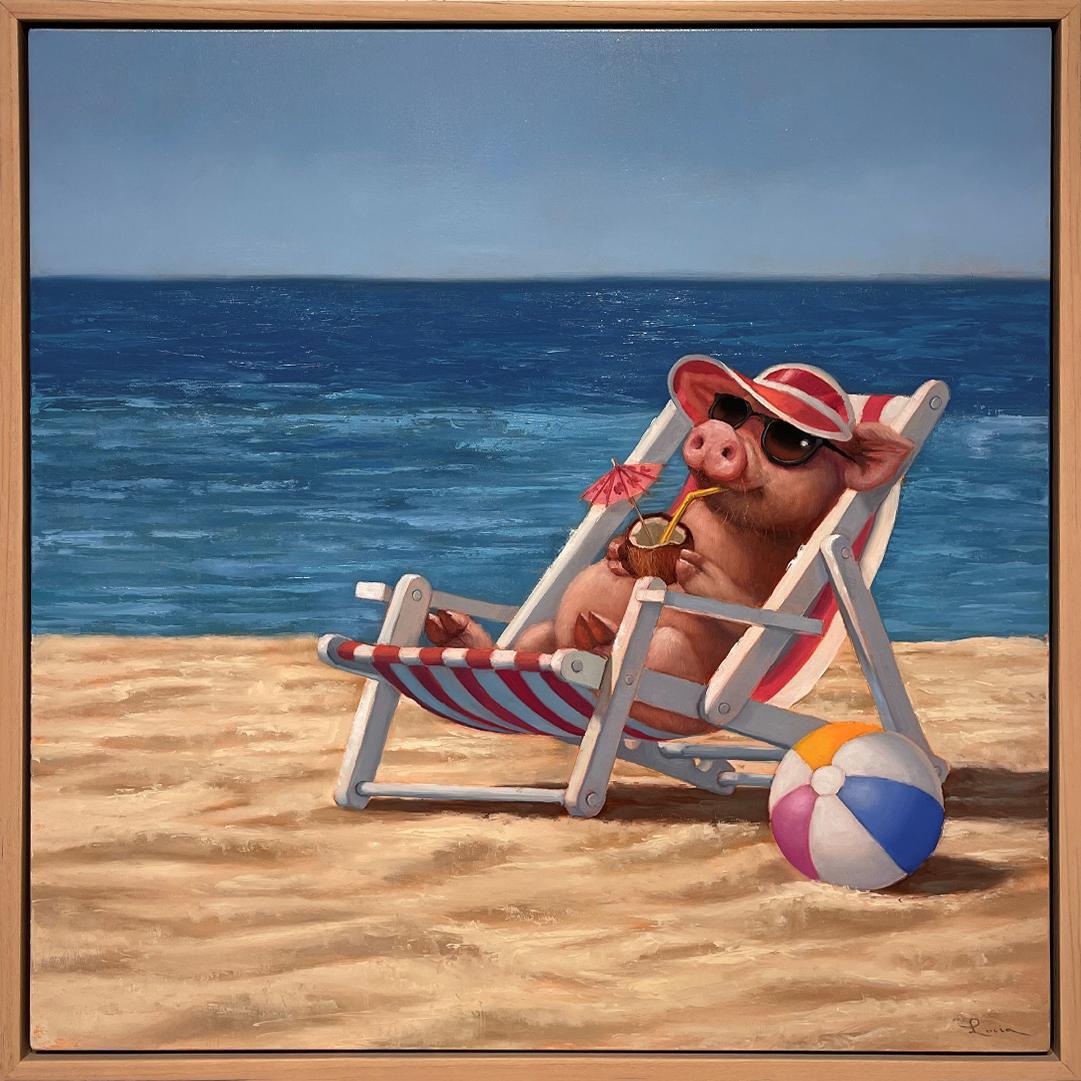 Lucia Heffernan Animal Painting - "Hello Sunshine" Whimsical Pig Oil Painting Beach Scene