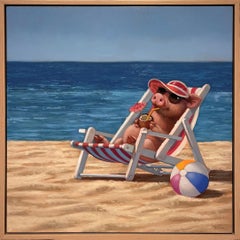 "Hello Sunshine" Whimsical Pig Oil Painting Beach Scene