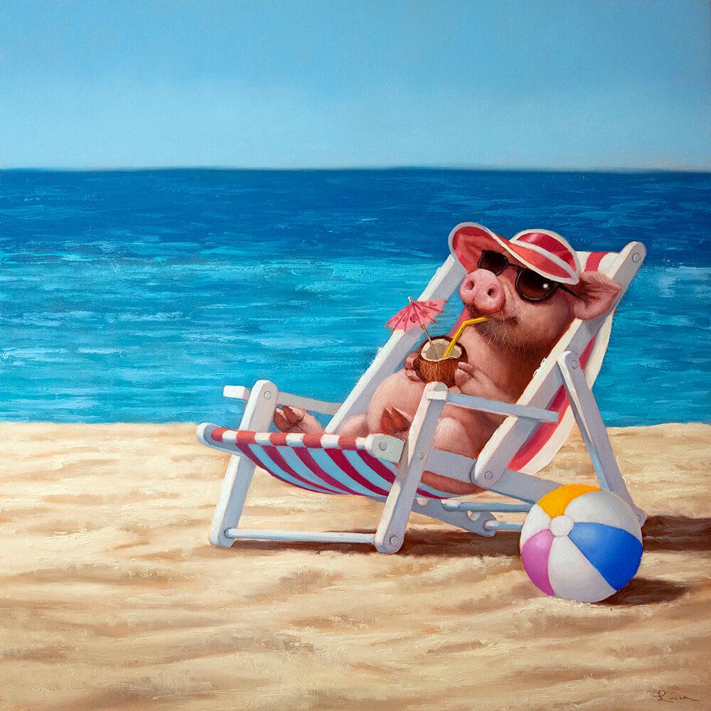 « Hello Sunshine », peinture à l'huile fantaisiste représentant une scène de plage - Painting de Lucia Heffernan