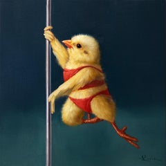 "Pole Chick - Tinker Bell" - Whimsical Oil Painting of a Chick
