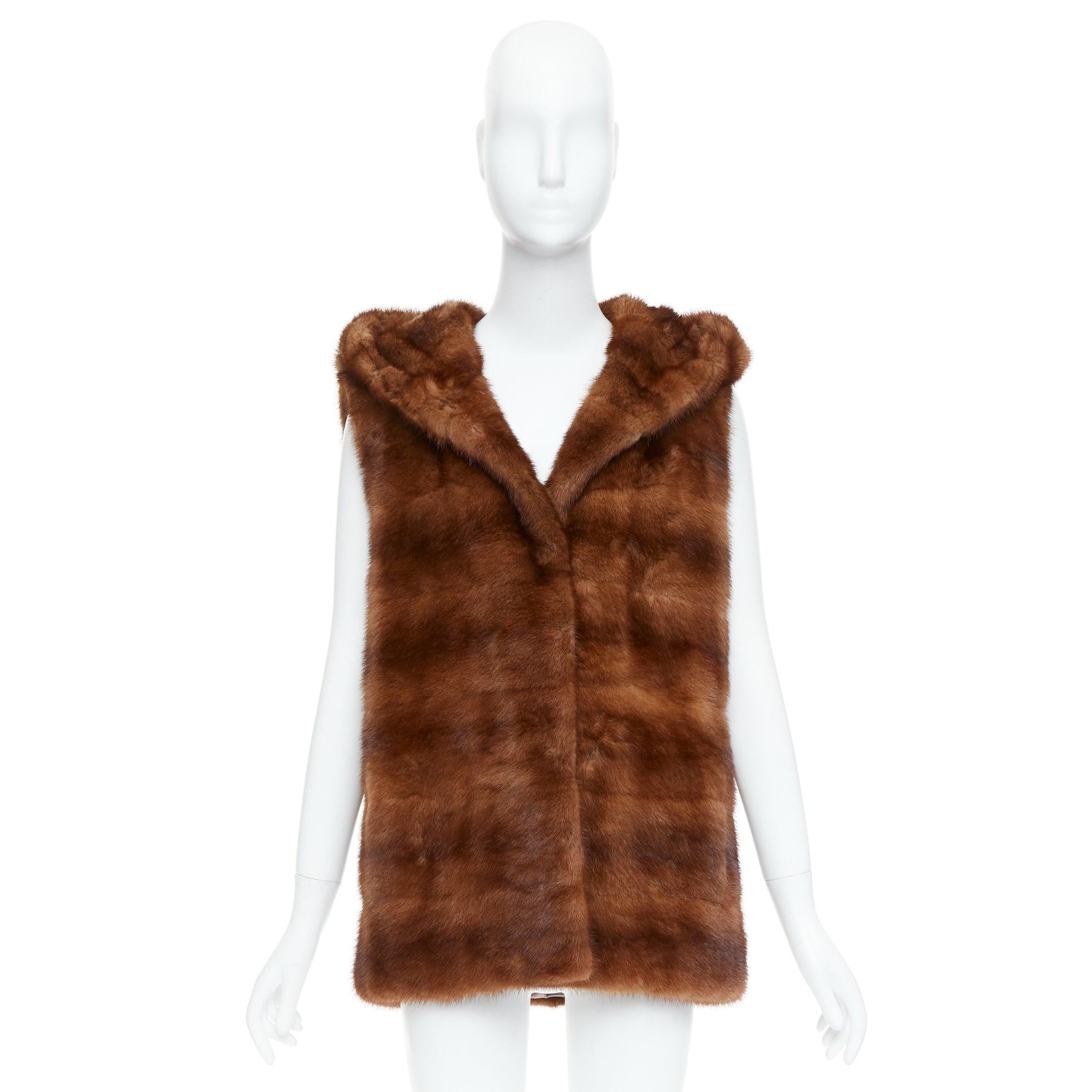 LUCIA PIERI brown real fur hooded patchwork tiered sleeveless vest For Sale 5