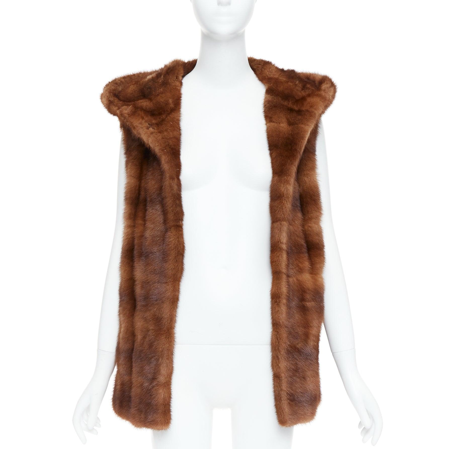 Brown LUCIA PIERI brown real fur hooded patchwork tiered sleeveless vest For Sale