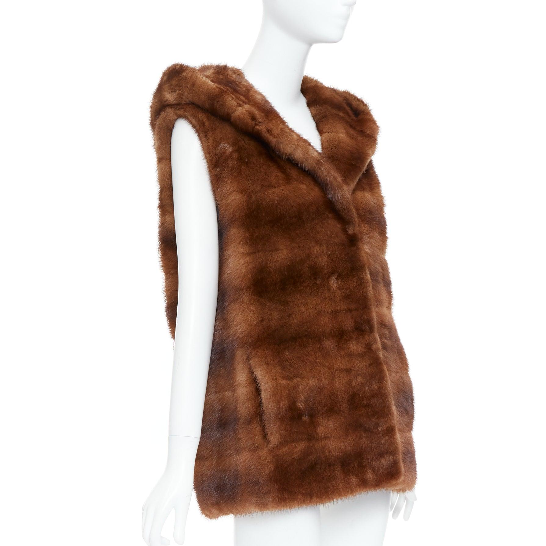 LUCIA PIERI brown real fur hooded patchwork tiered sleeveless vest In Good Condition For Sale In Hong Kong, NT