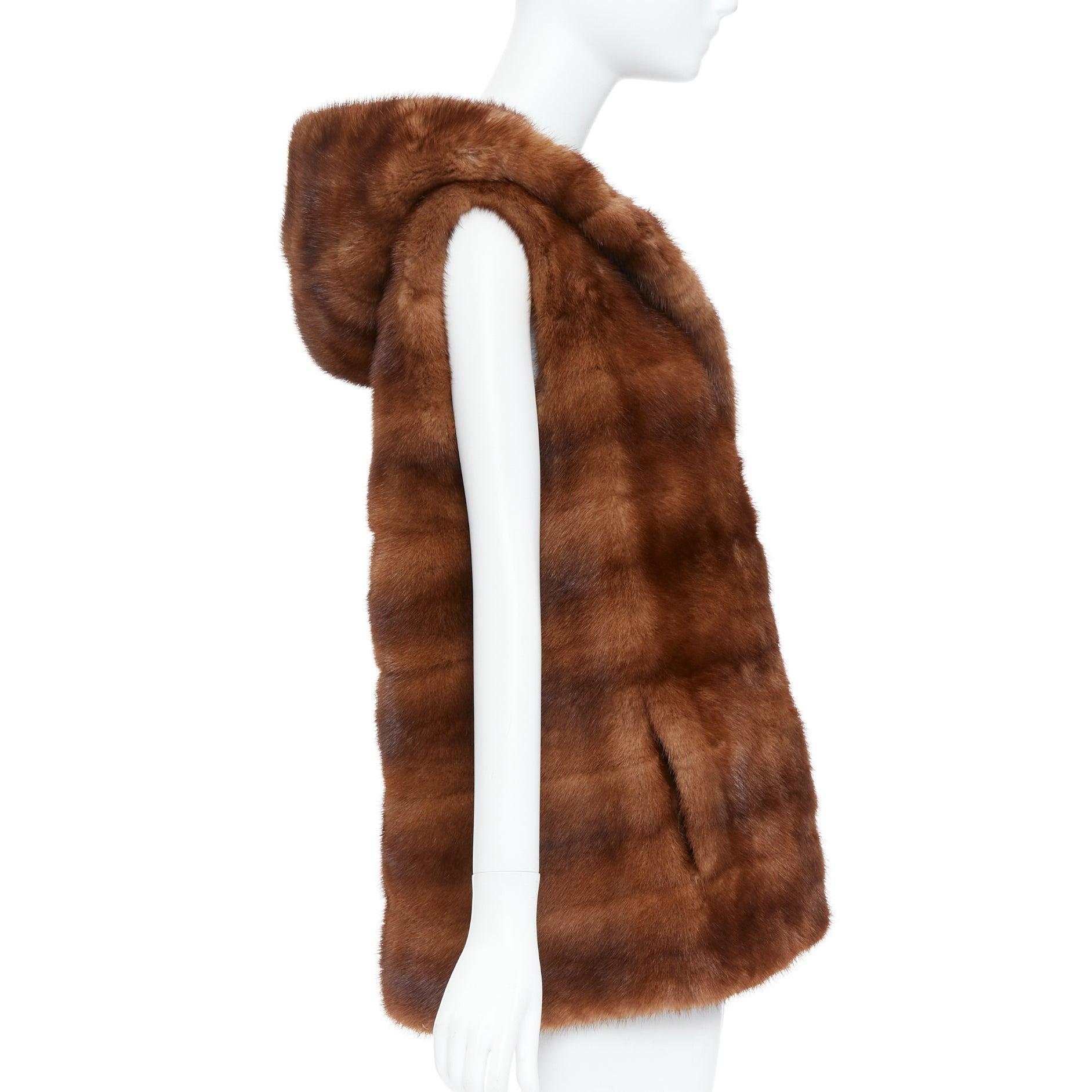 Women's LUCIA PIERI brown real fur hooded patchwork tiered sleeveless vest For Sale