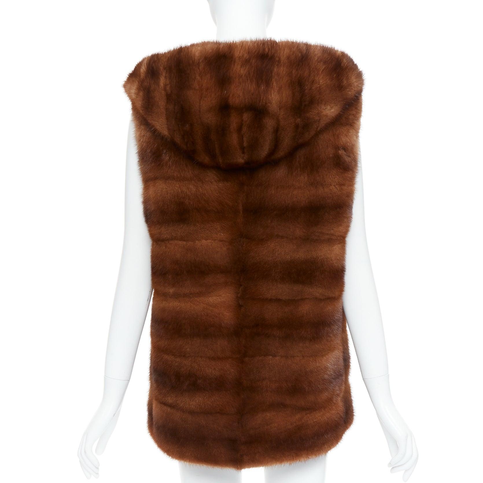 LUCIA PIERI brown real fur hooded patchwork tiered sleeveless vest For Sale 1