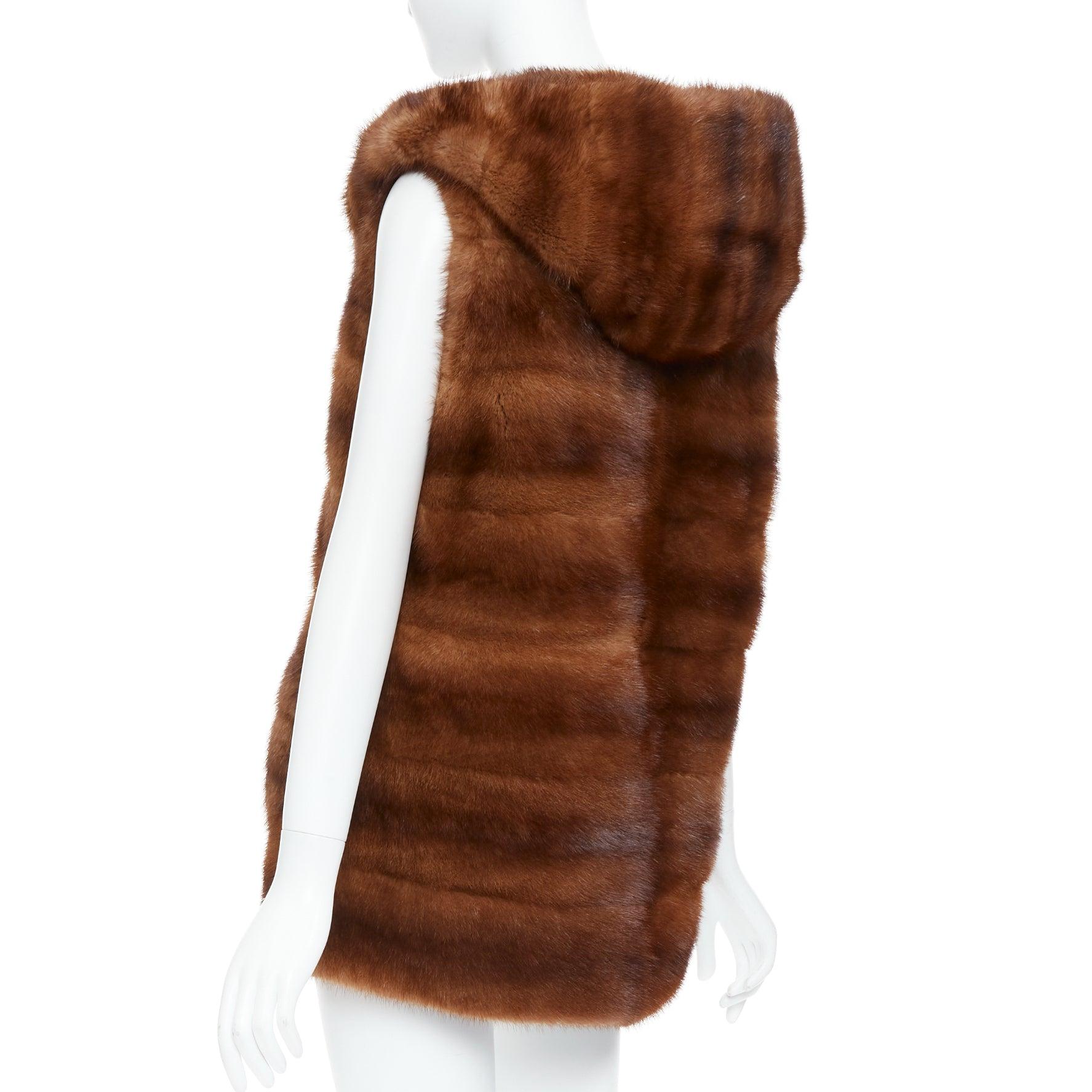 LUCIA PIERI brown real fur hooded patchwork tiered sleeveless vest For Sale 2