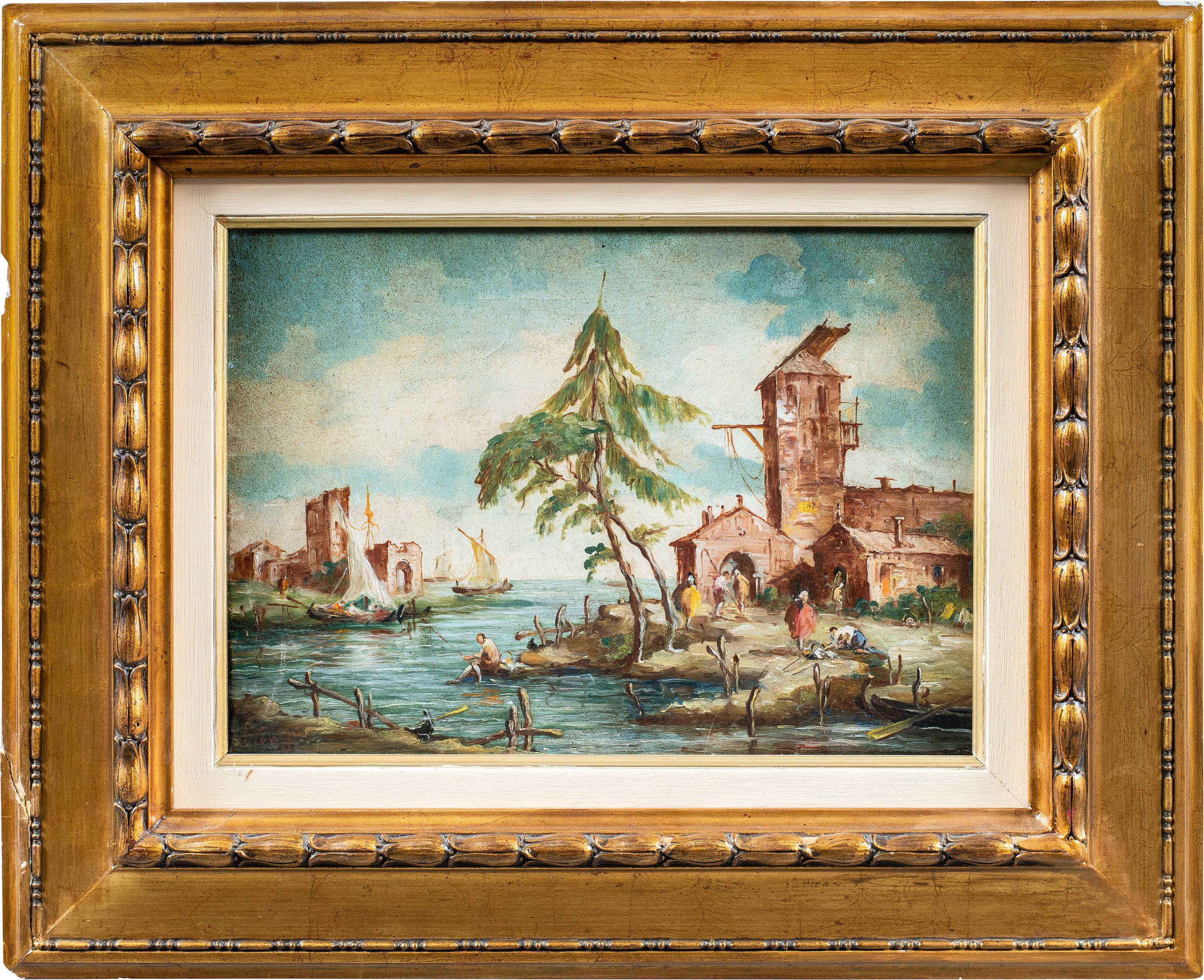Lucia Ponga (Venecia) - Pareja de cuadros de paisajes del siglo XIX - Vista de Venecia en venta 1
