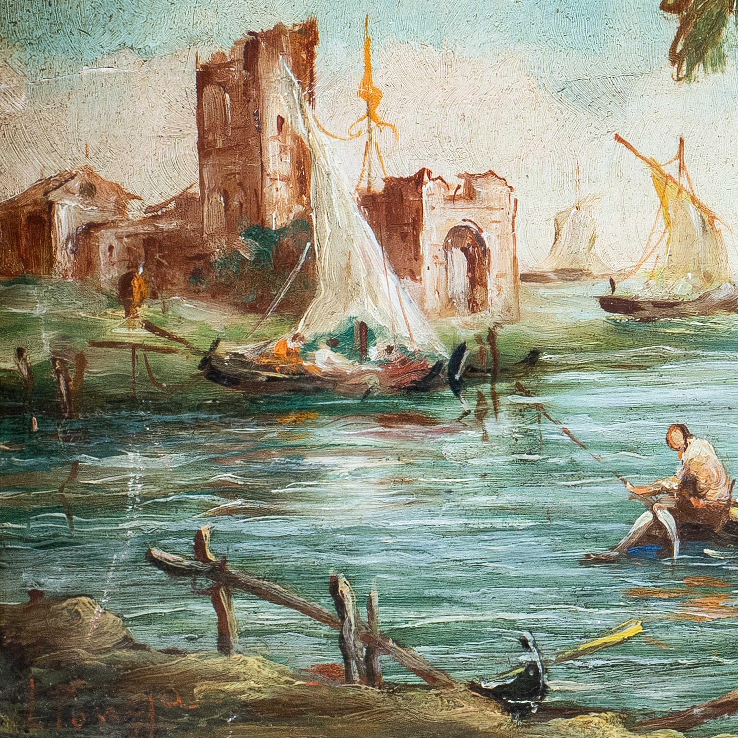 Lucia Ponga (Venecia) - Pareja de cuadros de paisajes del siglo XIX - Vista de Venecia en venta 3