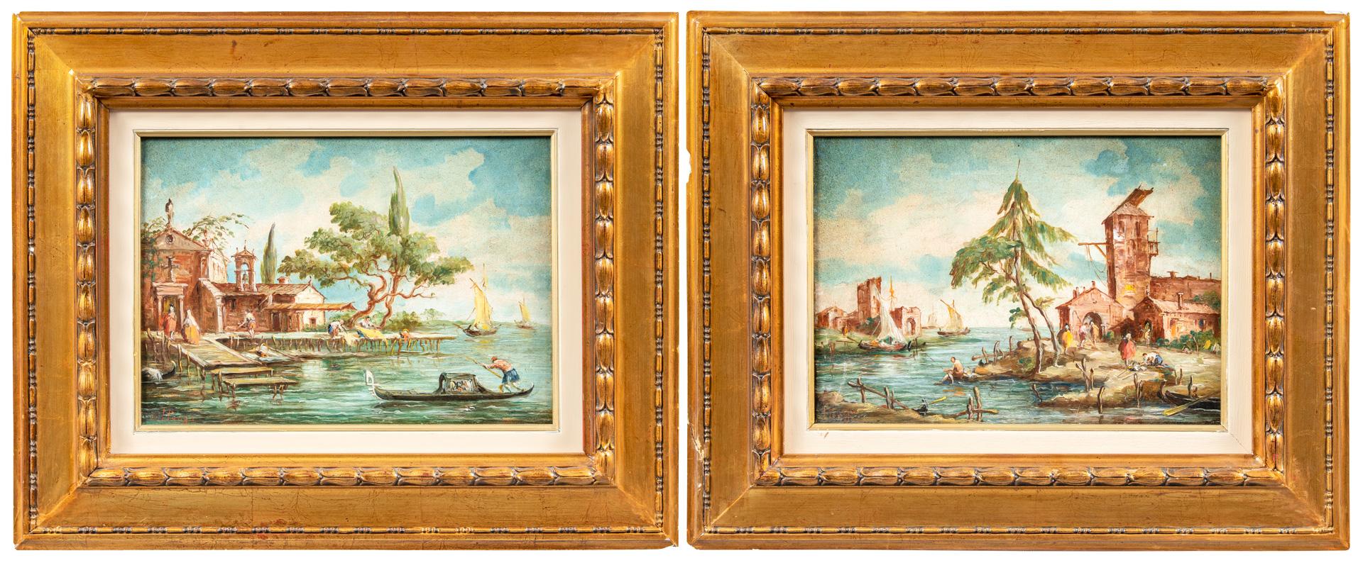 Lucia Ponga (Venise) - Paire de peintures de paysages du XIXe siècle - Vue de Venise 