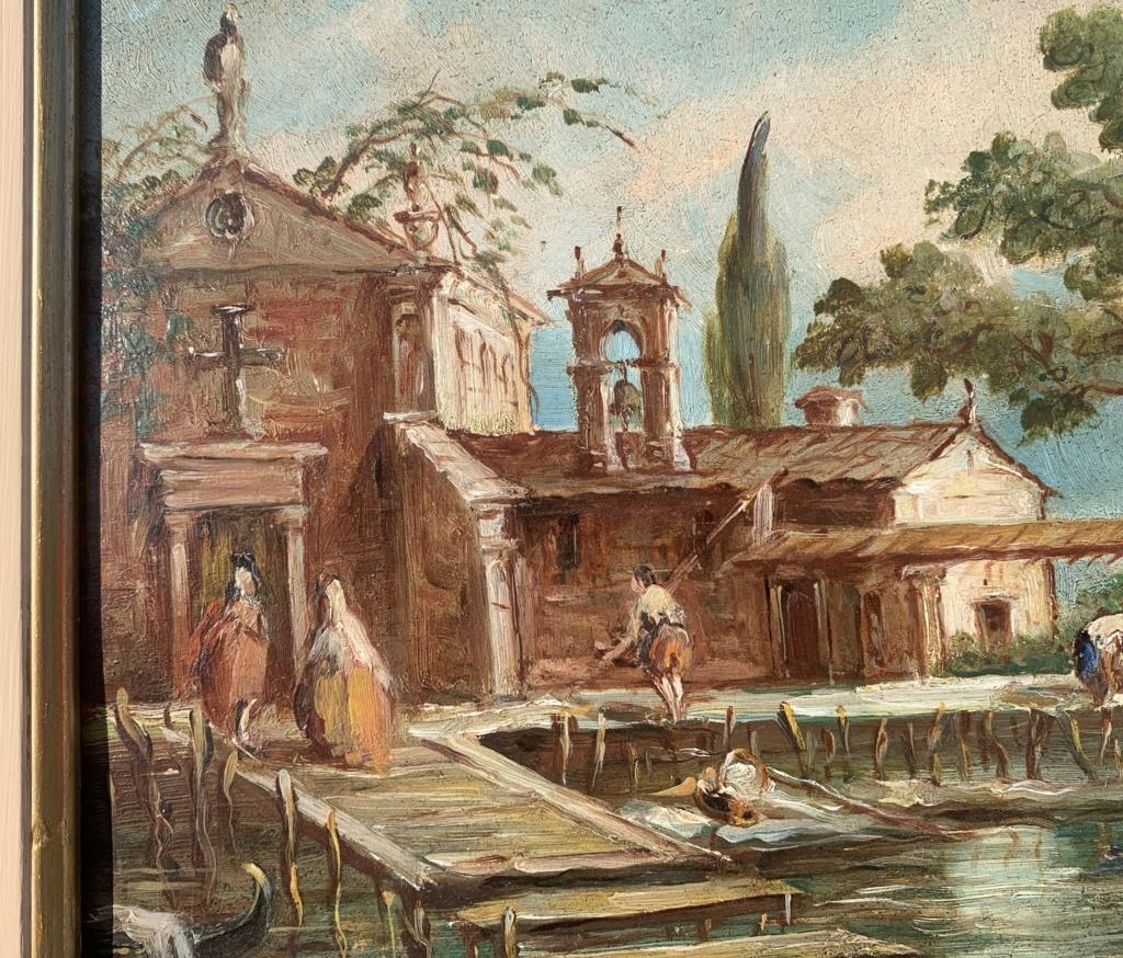 Lucia Ponga degli Ancillo (Venice 1887 - 1966) - Venetian Capriccio.

25 x 35 cm without frame, 44.5 x 55 cm with frame.

Old oil painting on panel, in a wooden frame.

- Signed lower left: 
