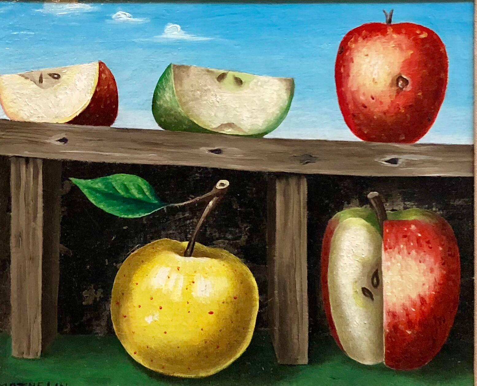 Lucien Mathelin Still-Life Painting - French Surrealist Trompe L'oeil Apples OIl Painting