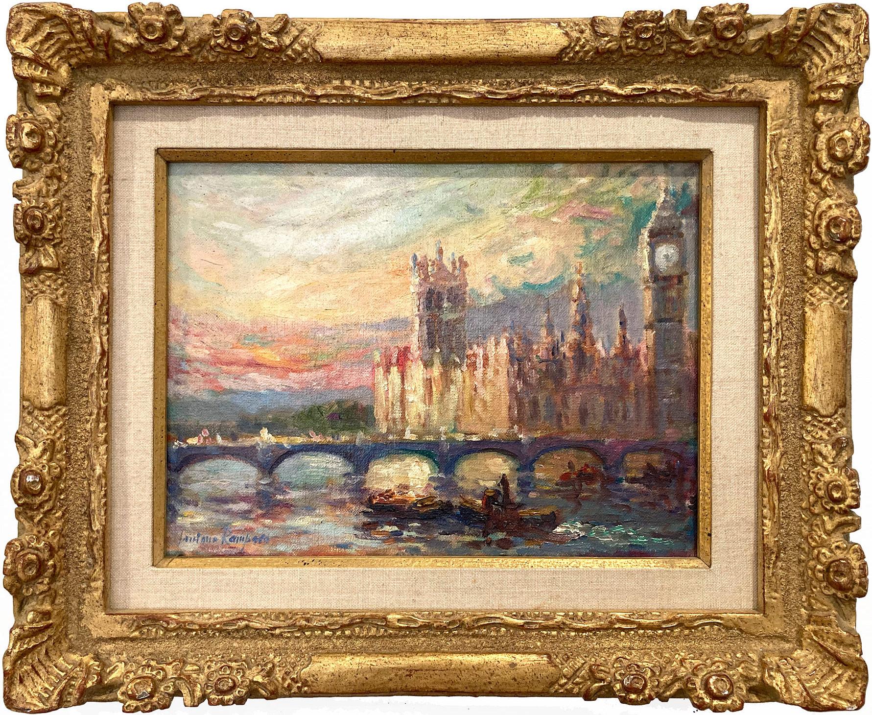 Lucian Rampazo Landscape Painting - "View of Westminster Abbey" 20th Century Impressionist Oil Painting on Canvas