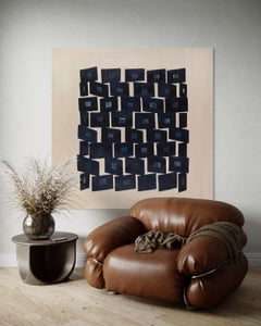 Pintura abstracta geométrica arquitectónica en tonos azules profundos y apagados