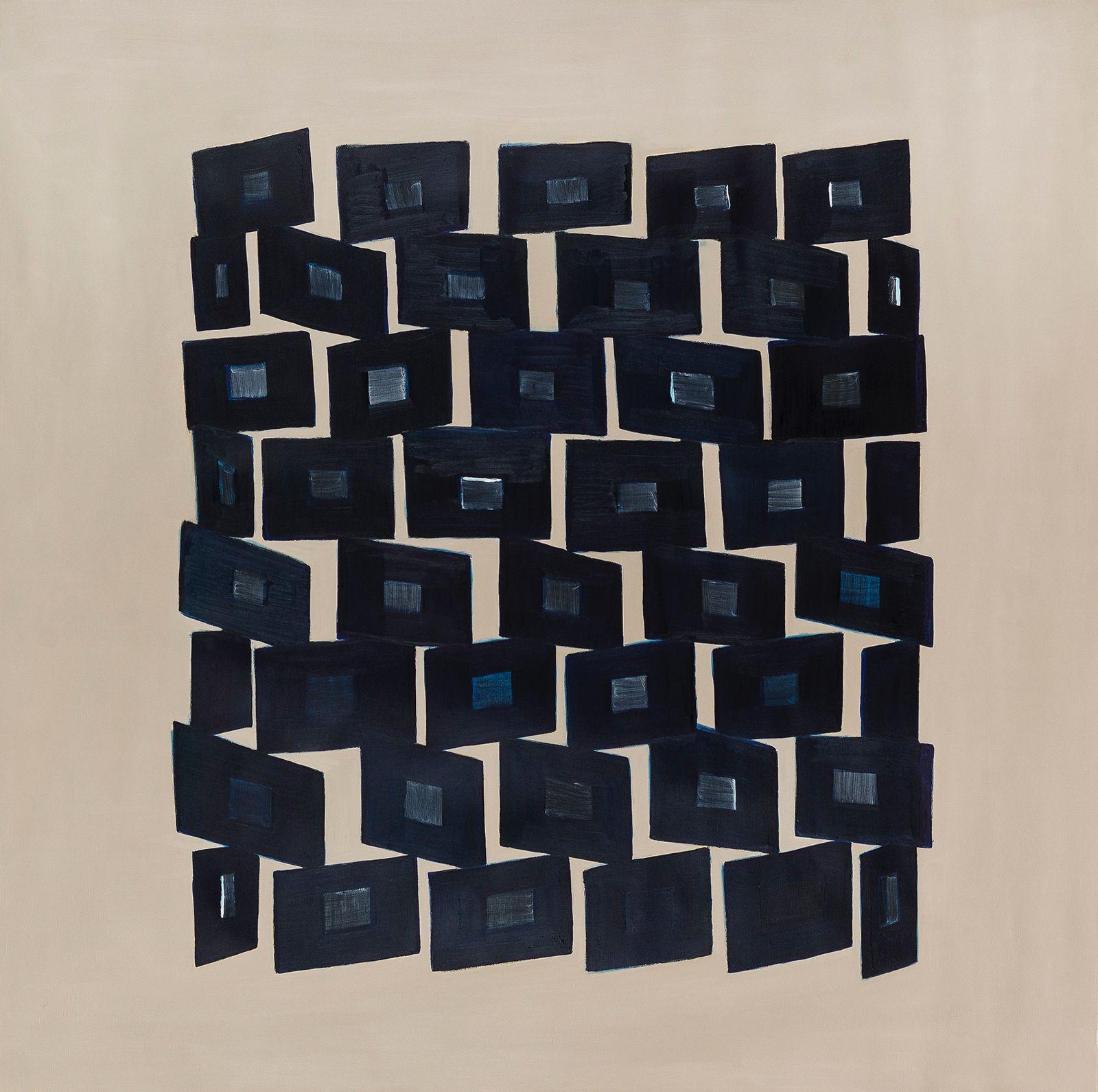 Architectural Geometric Abstract Painting in Deep and Muted Blue Tones