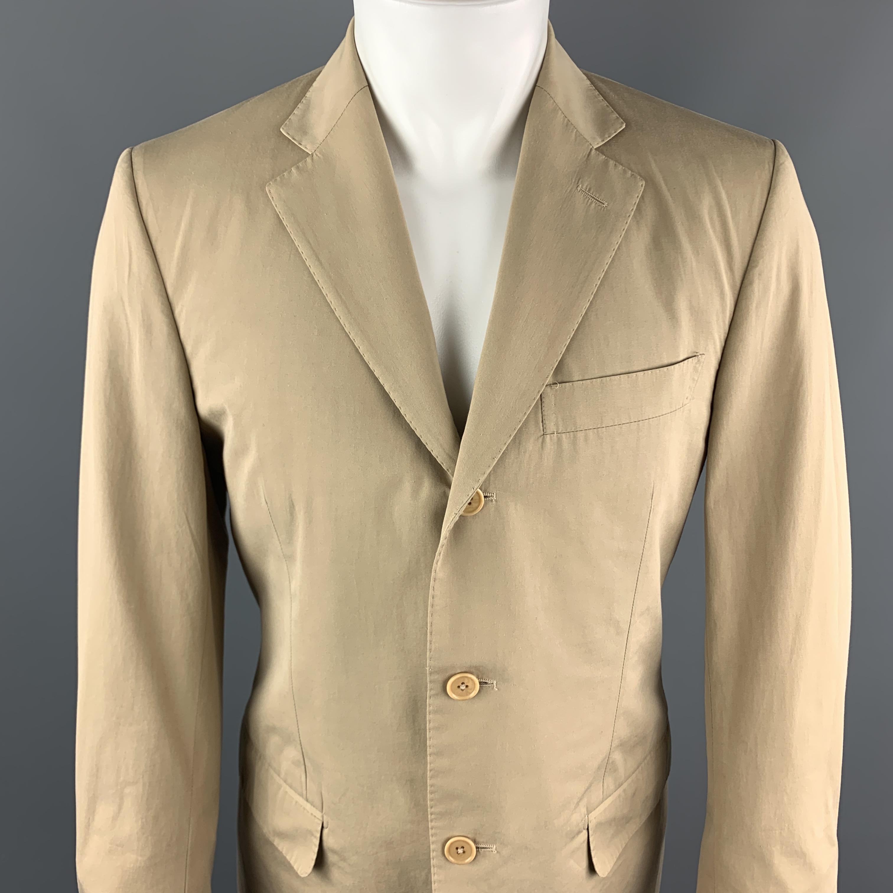 LUCIANO BARBERA suit comes in a khaki cotton and includes a single breasted, three button sport coat with a notch lapel and matching front trousers. Made in Italy. 

Excellent Pre-Owned Condition.
Marked: 48

Measurements:

-Jacket
Shoulder: 17 in.