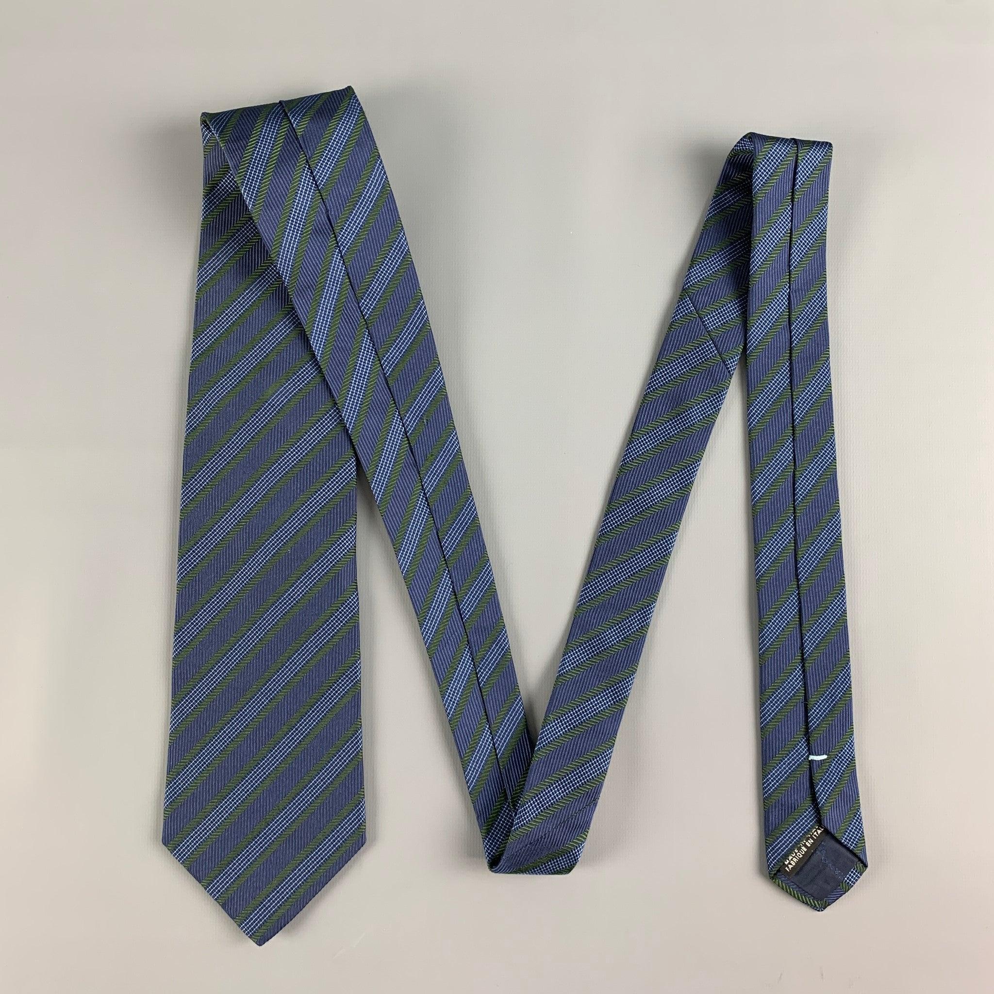 LUCIANO BARBERA Navy Green Diagonal Stripe Silk Tie In Good Condition For Sale In San Francisco, CA