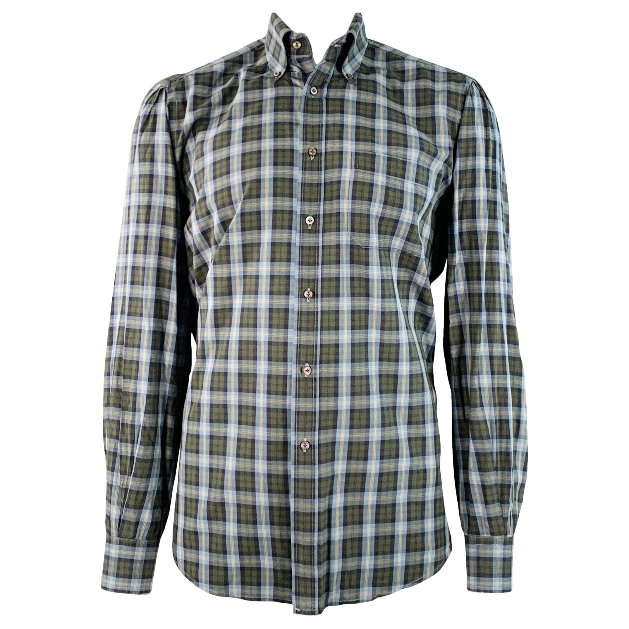 LUCIANO BARBERA Taglia 44 Camicia a maniche lunghe in cotone a quadri blu oliva con un solo taschino