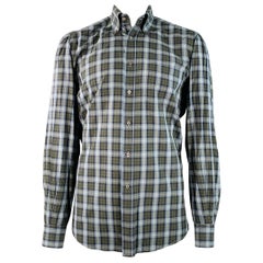 LUCIANO BARBERA Size 44 Blue Olive Plaid Cotton One Pocket Long Sleeve Shirt