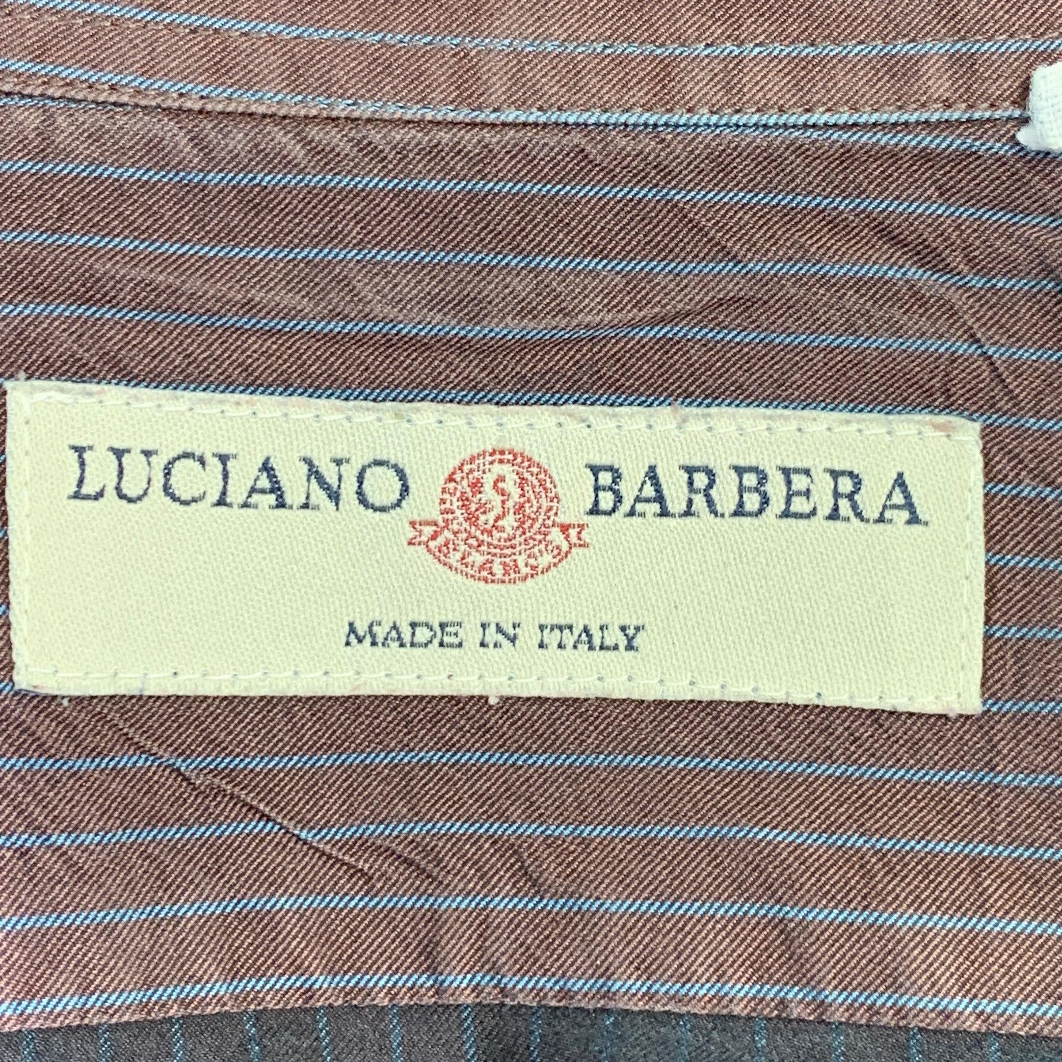Men's LUCIANO BARBERA Size L Burgundy Blue Stripe Cotton Silk Long Sleeve Shirt For Sale