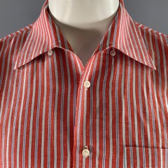 LUCIANO BARBERA Size L Red White Blue Stripe Linen Blend Long Sleeve Shirt