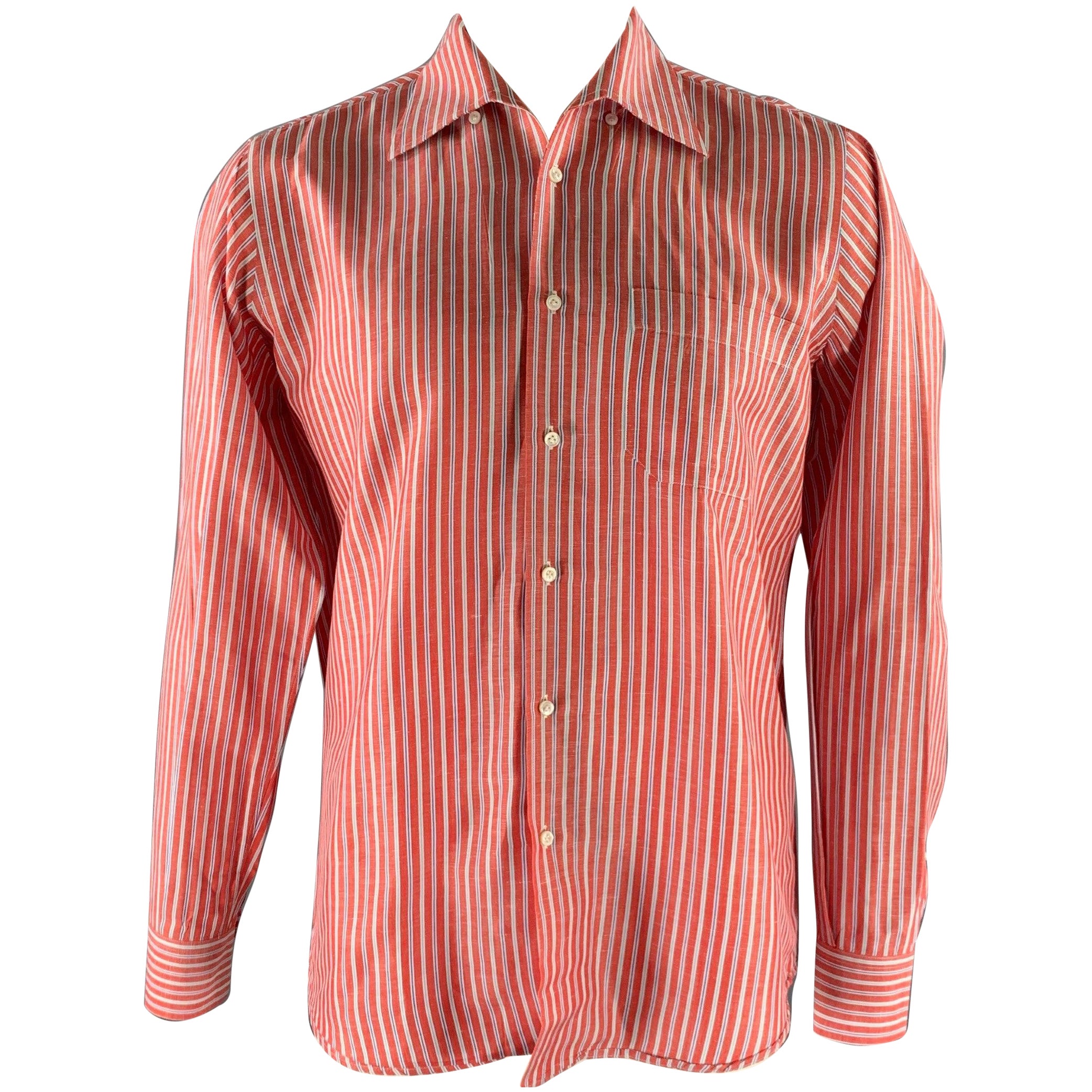 Pre-owned Luciano Barbera Size L Red White Blue Stripe Linen Blend Long Sleeve Shirt