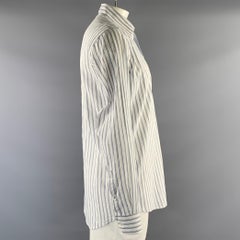 LUCIANO BARBERA Size L White Blue Stripe Linen Blend Camp Long Sleeve Shirt