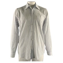LUCIANO BARBERA Size L White Blue Stripe Linen Blend Camp Long Sleeve Shirt
