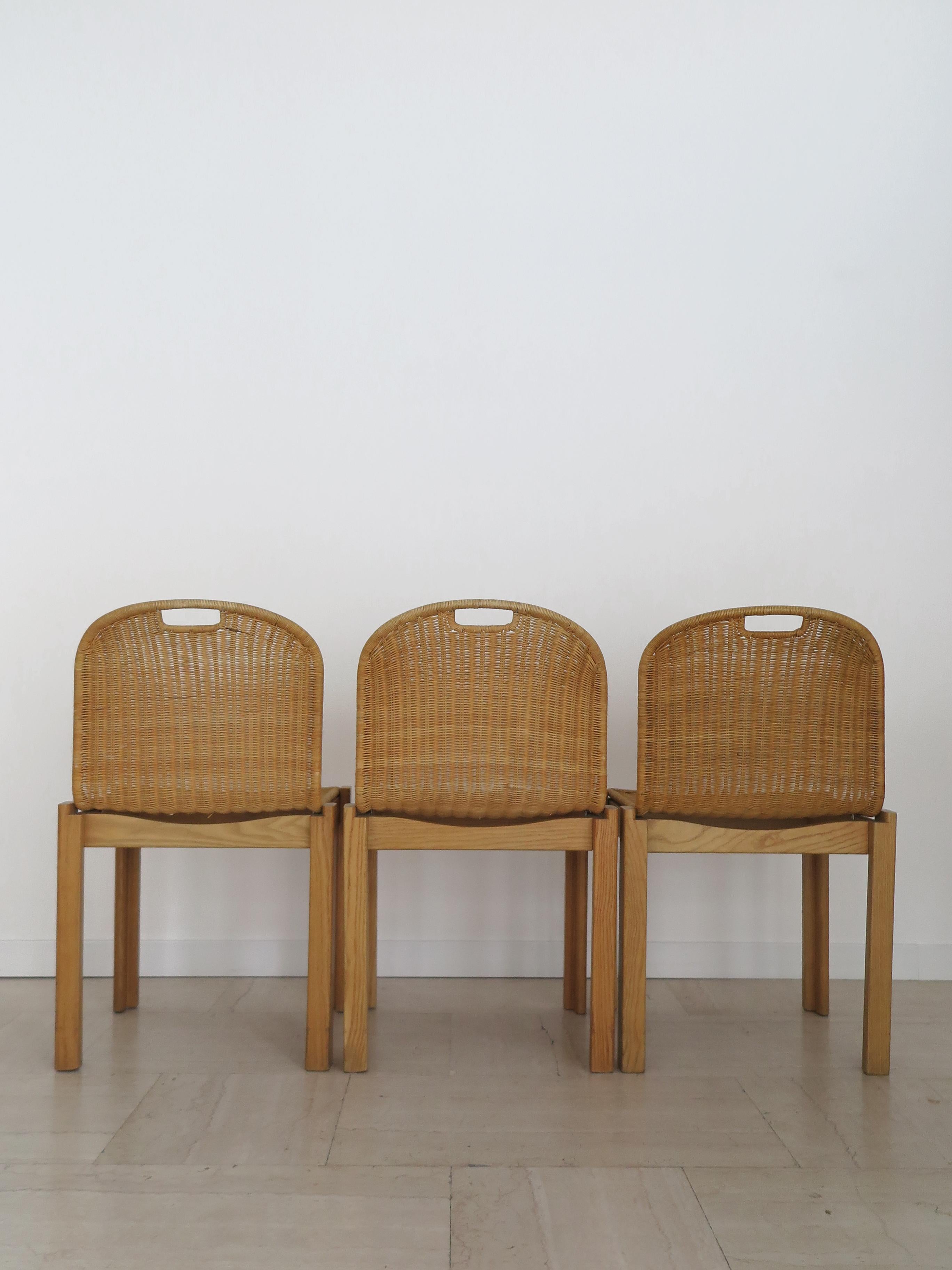 Luciano Bertoncini for Bellato Italian Oak Wicker Dining Chairs 1970 en vente 3
