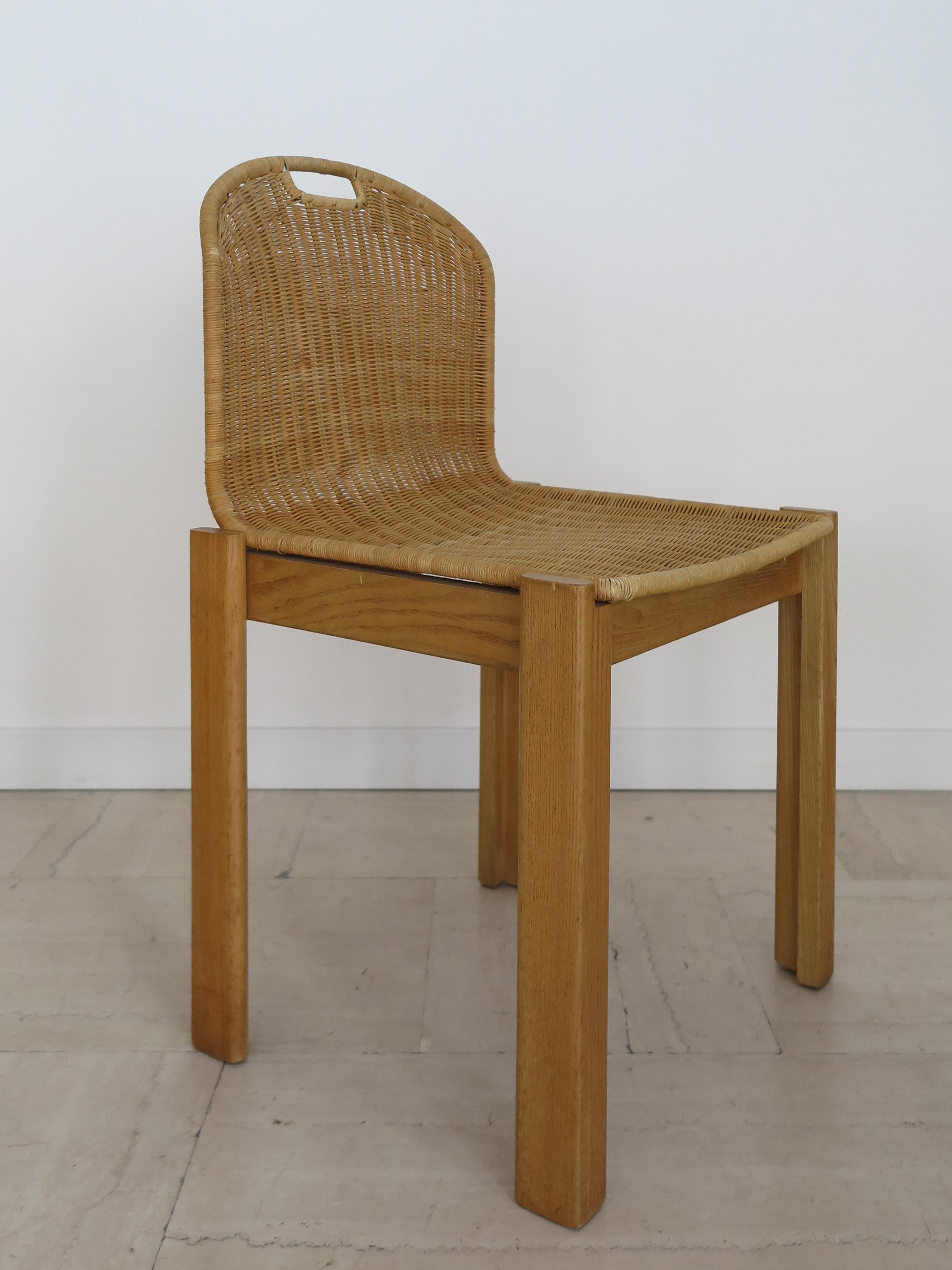 Métal Luciano Bertoncini for Bellato Italian Oak Wicker Dining Chairs 1970 en vente