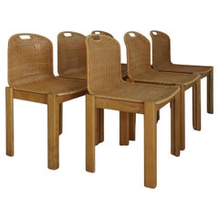 Luciano Bertoncini for Bellato Italian Oak Wicker Dining Chairs 1970s