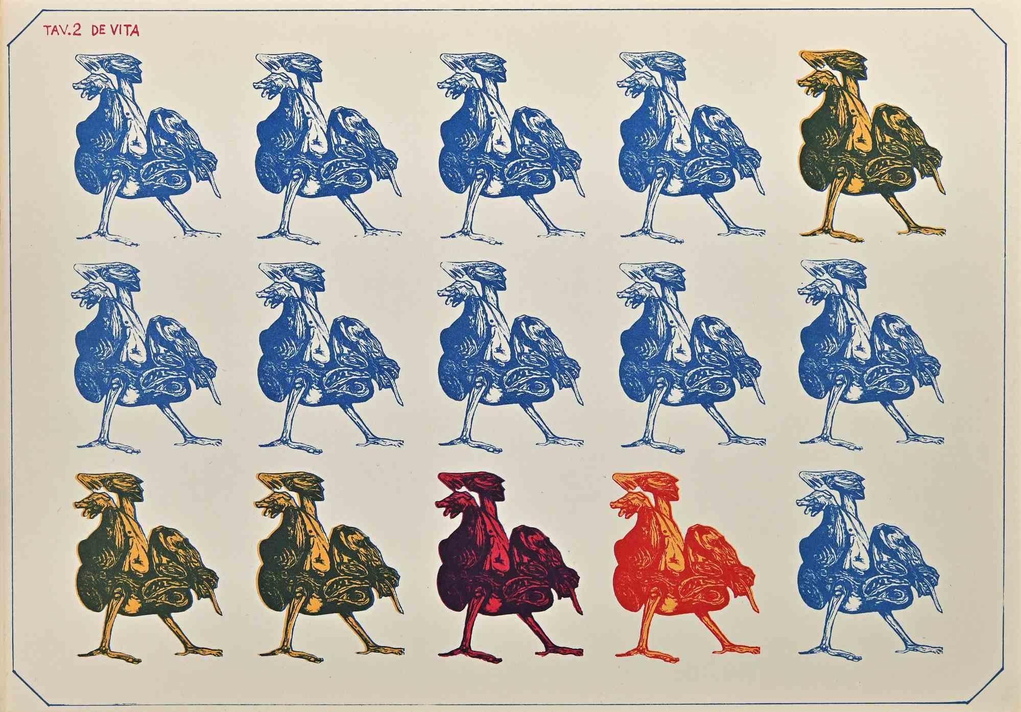 Luciano de Vita Figurative Print - Rooster-soldiers - Lithograph realized by Luciano De Vita - 1950s