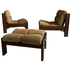 Luciano Frigerio Attributed Lounge Chairs Pair and Ottoman Suede Leather, Italy