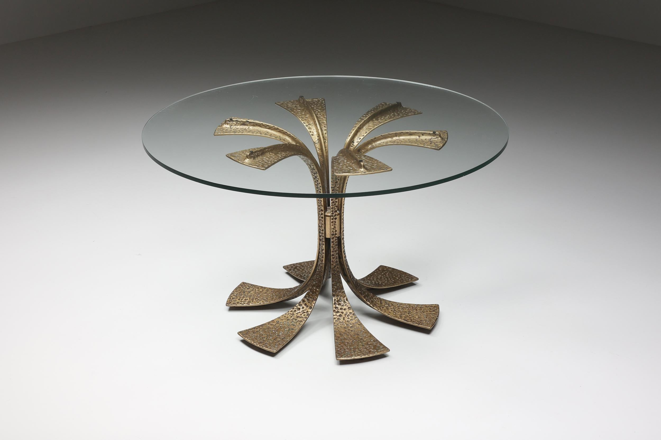 Italian Luciano Frigerio Brass Cast Round Dining Table, Hollywood Regency, Glass, 1980's