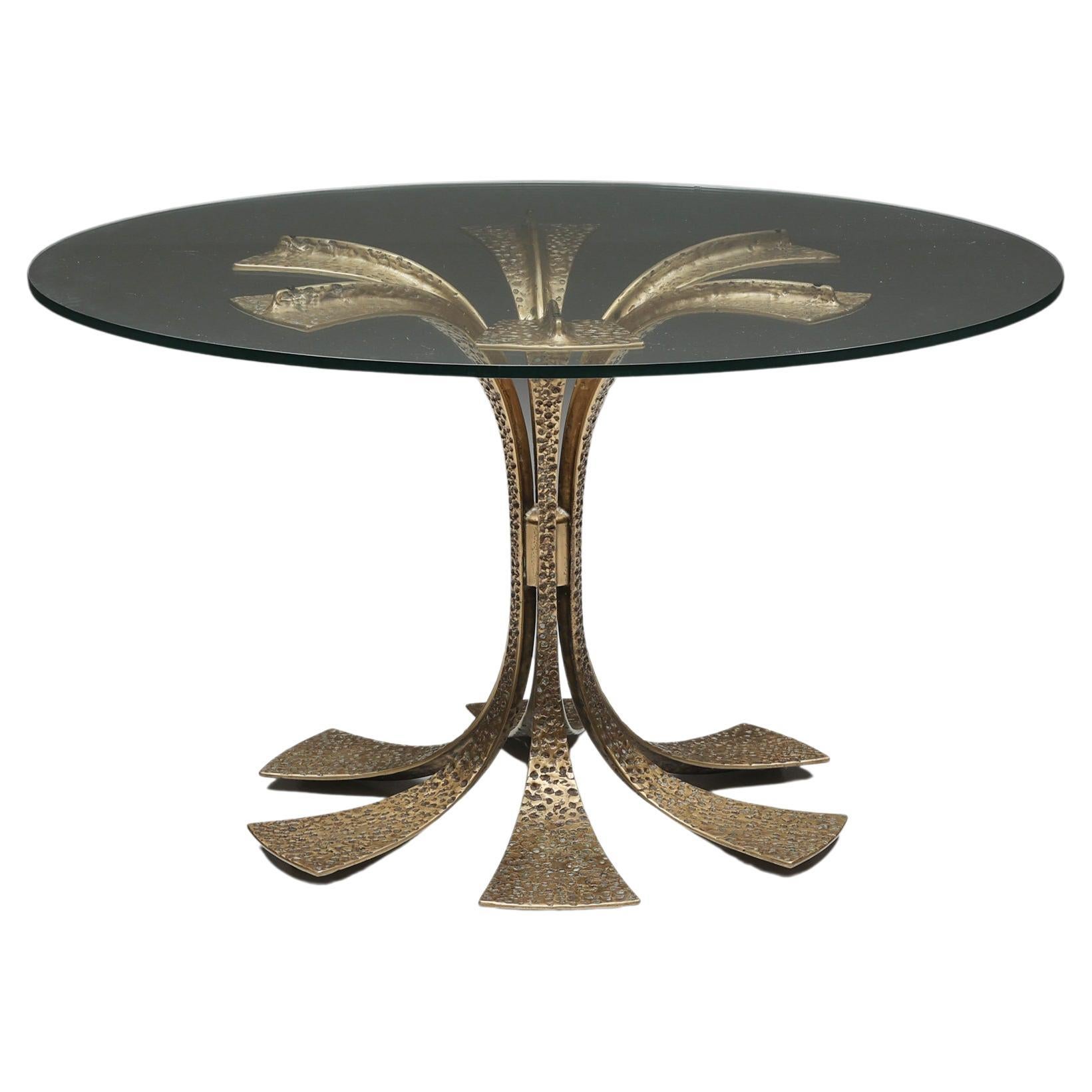 Luciano Frigerio Brass Cast Round Dining Table, Hollywood Regency, Glass, 1980's