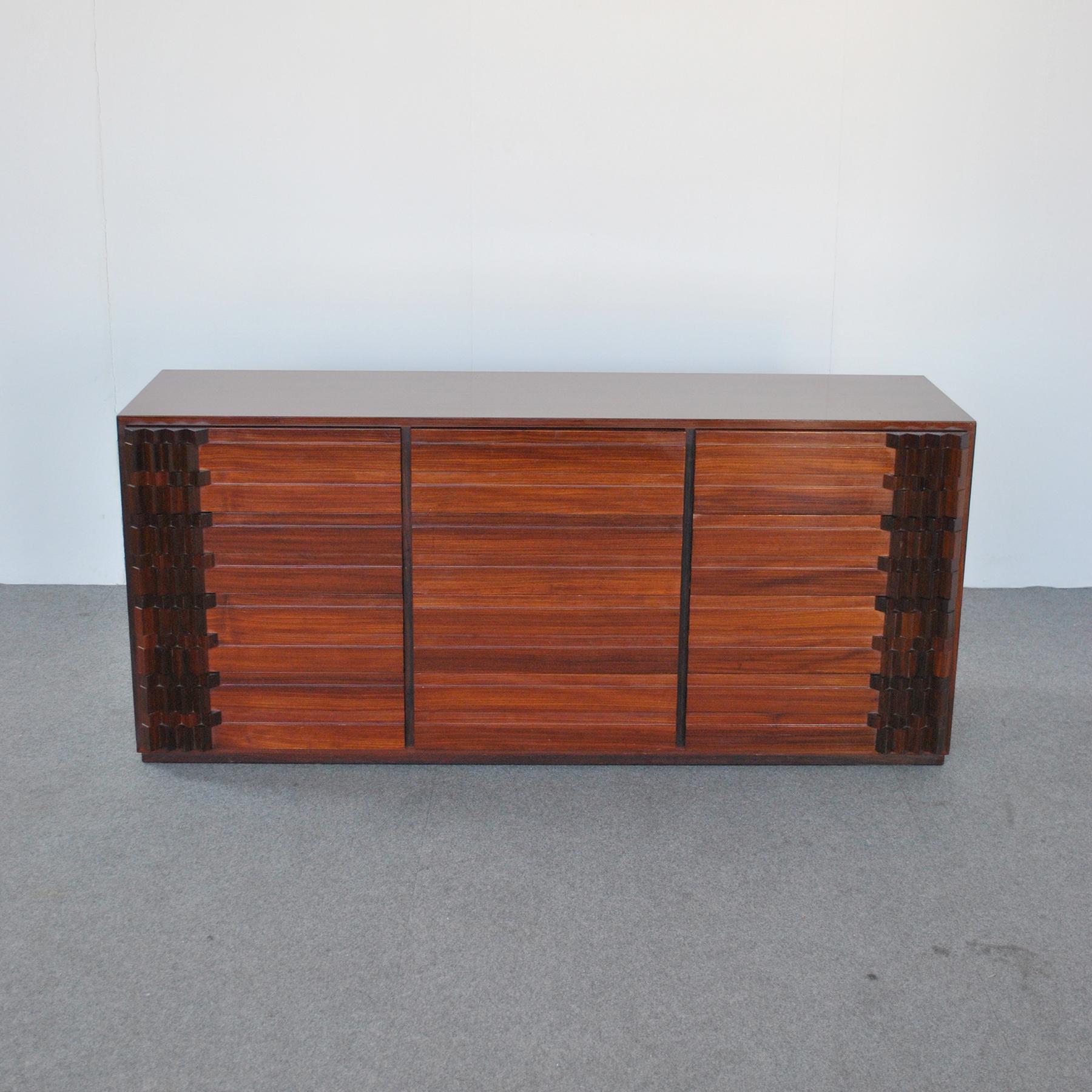 Mid-Century Modern 12-drawer Diamante chest of drawers is made of walnut and is decorated with a complex block pattern designed by Luciano Frigerio di Desio.