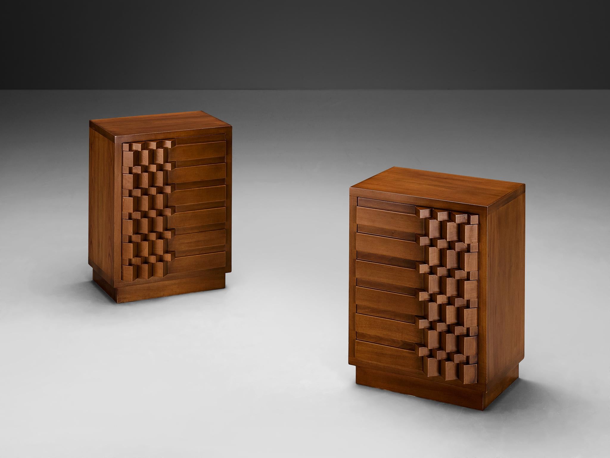 Luciano Frigerio, 'Diamante' nightstands, cherry, Italy, 1970s

This remarkable set of nightstands, created by the creative Italian designer Luciano Frigerio, exemplifies the aesthetic sensibilities that prevailed during the 1960s and -70s. The