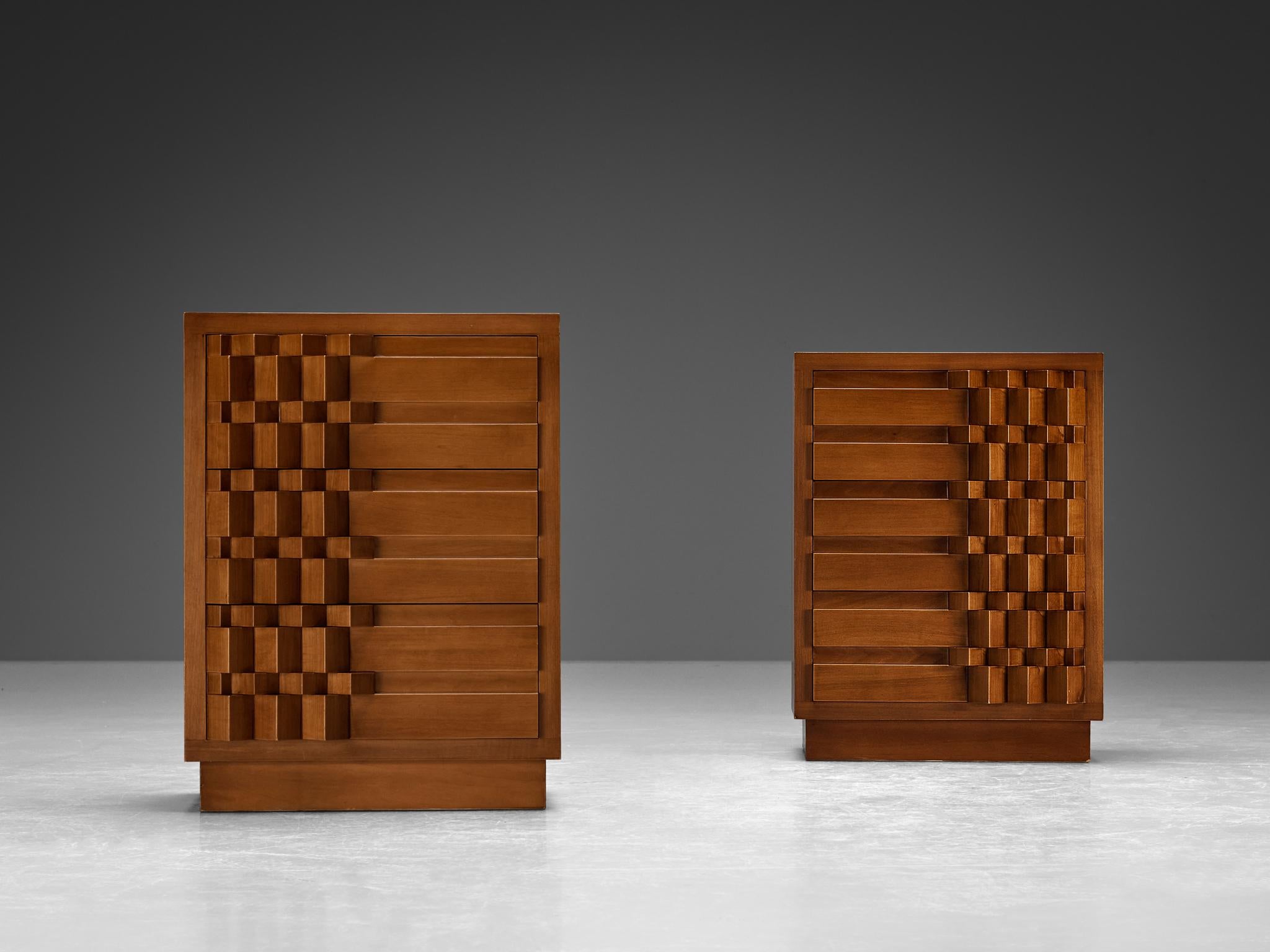 Brutalist Luciano Frigerio 'Diamante' Pair of Bed Tables with Cubist Graphic Front  For Sale