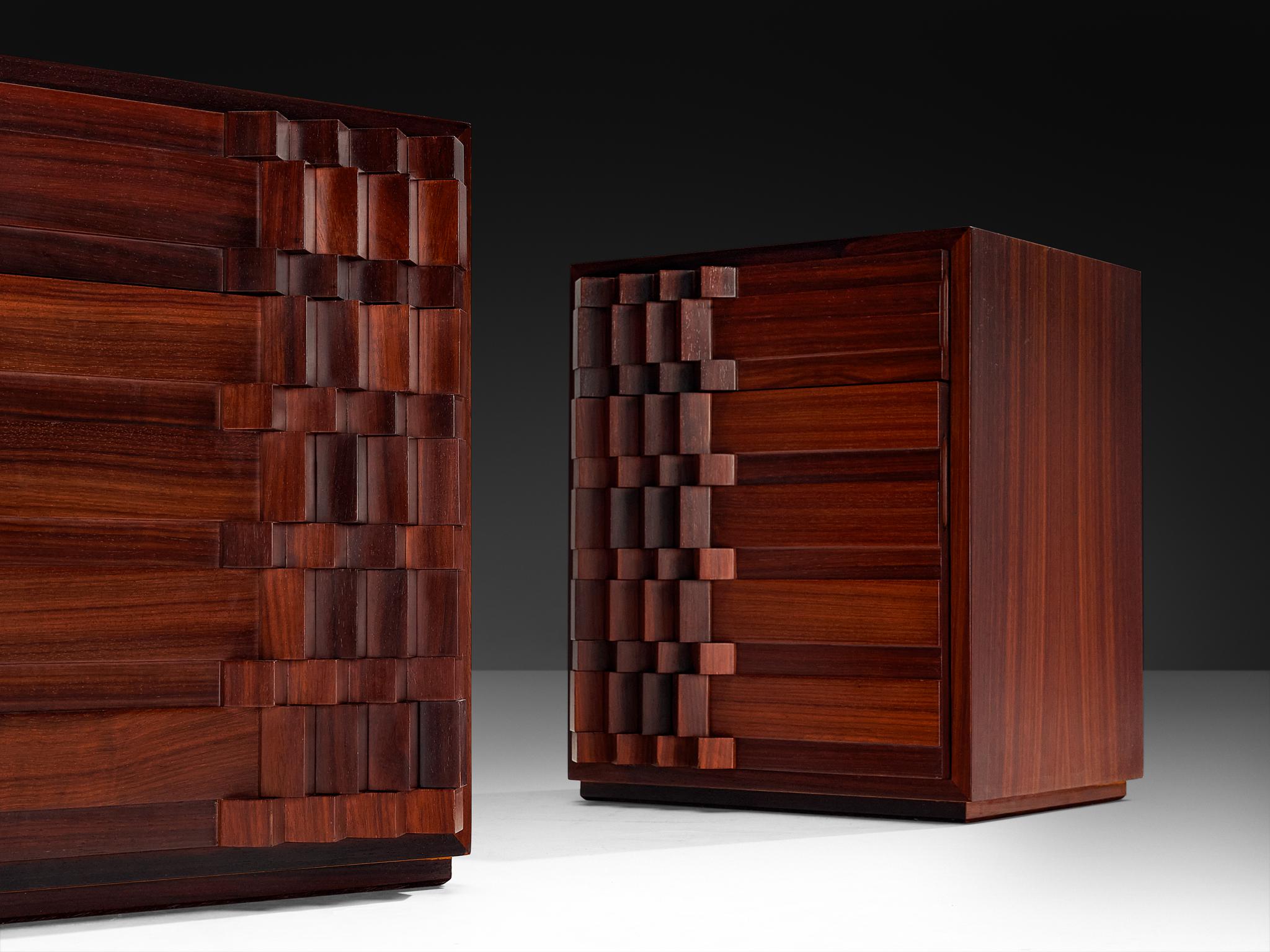 Post-Modern Luciano Frigerio 'Diamante' Pair of Bed Tables with Cubist Graphic Front For Sale